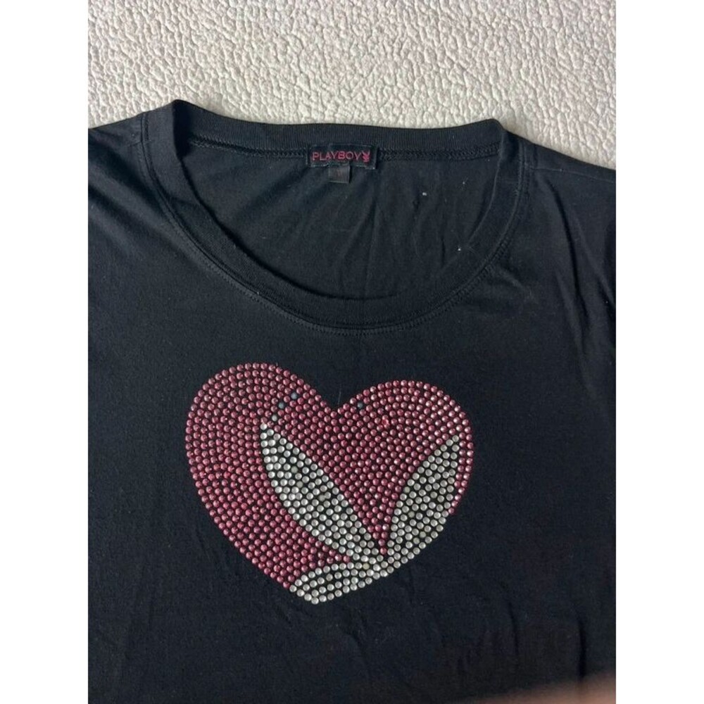 Vintage Y2K Playboy Pink Rhinestoned Heart Black Tshirt Cotton Womens Medium